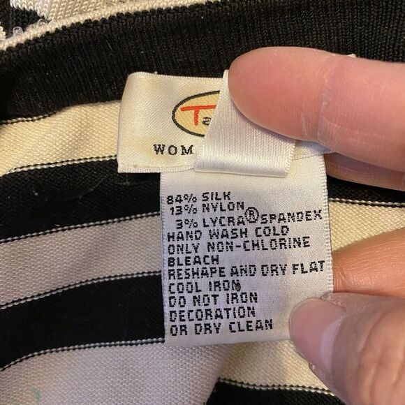 Vintage Talbots Knit Sweater Women Plus 1X Silk Nylon Black White Striped VNeck - Picture 4 of 9